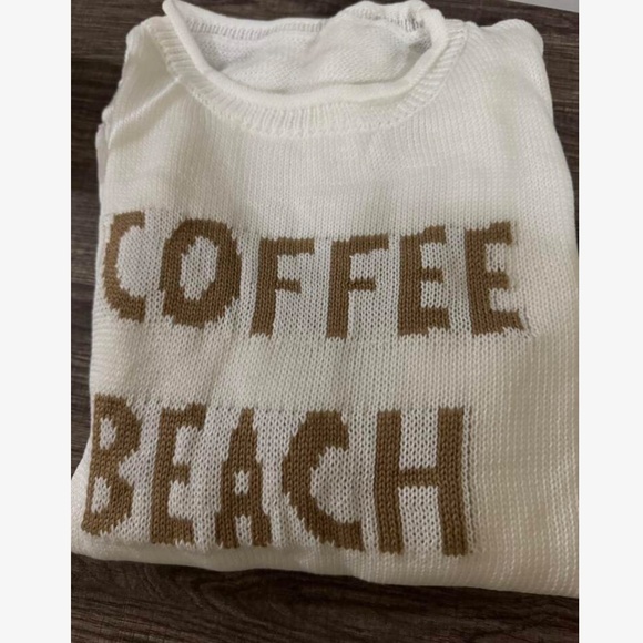 Cozy White Coffee Beach Repeat Graphic Sweater Top - Picture 6 of 8
